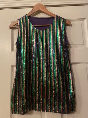 Sleeveless Sequin Stripe Party Top in Purple, Green & Gold—Size Medium
